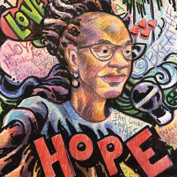 Street-style artwork depicting black woman at a microphone with the words love and hope